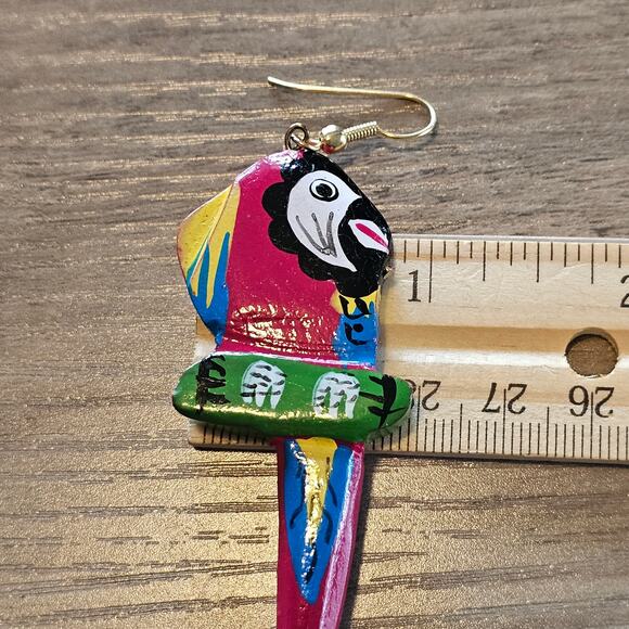 Vintage Red Wooden Tropical Parrot Dangle Earrings - Picture 3 of 5